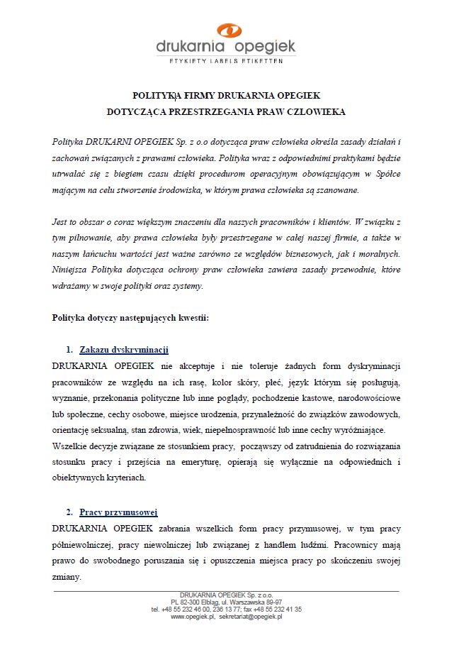 Polityka praw człowieka DRUKARNI OPEGIEK Sp. z o.o część 1